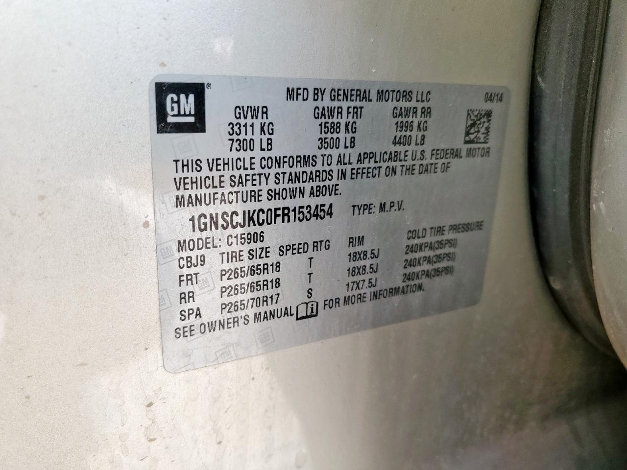 2015 Chevrolet Suburban C1500 Lt VIN: 1GNSCJKC0FR153454 Lot: 62672615