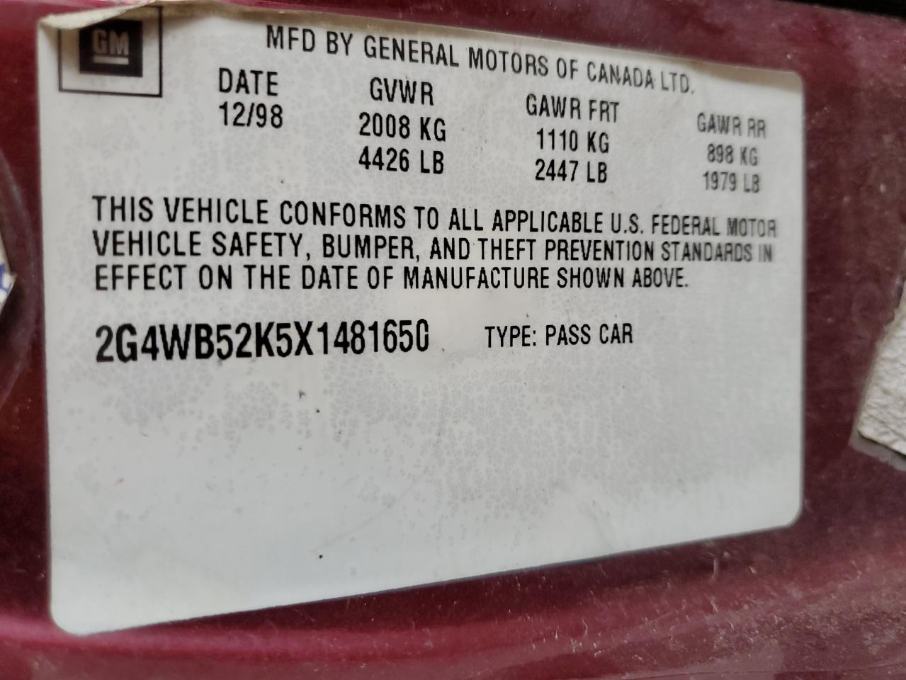 1999 Buick Regal Ls VIN: 2G4WB52K5X1481650 Lot: 61439375