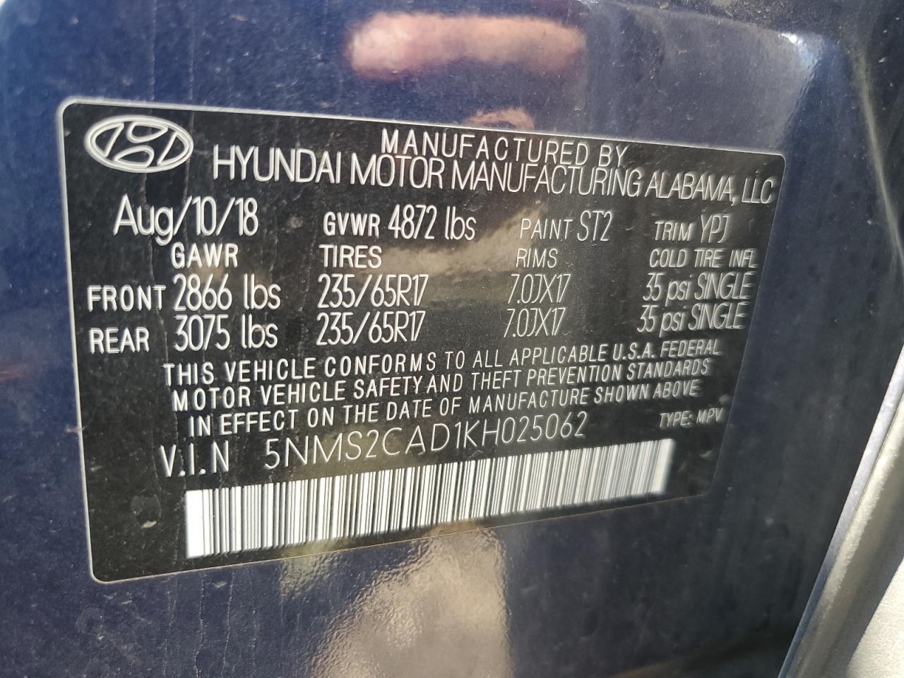 HYUNDAI SANTA FE 2019 VIN 5NMS2CAD1KH025062 фото 12