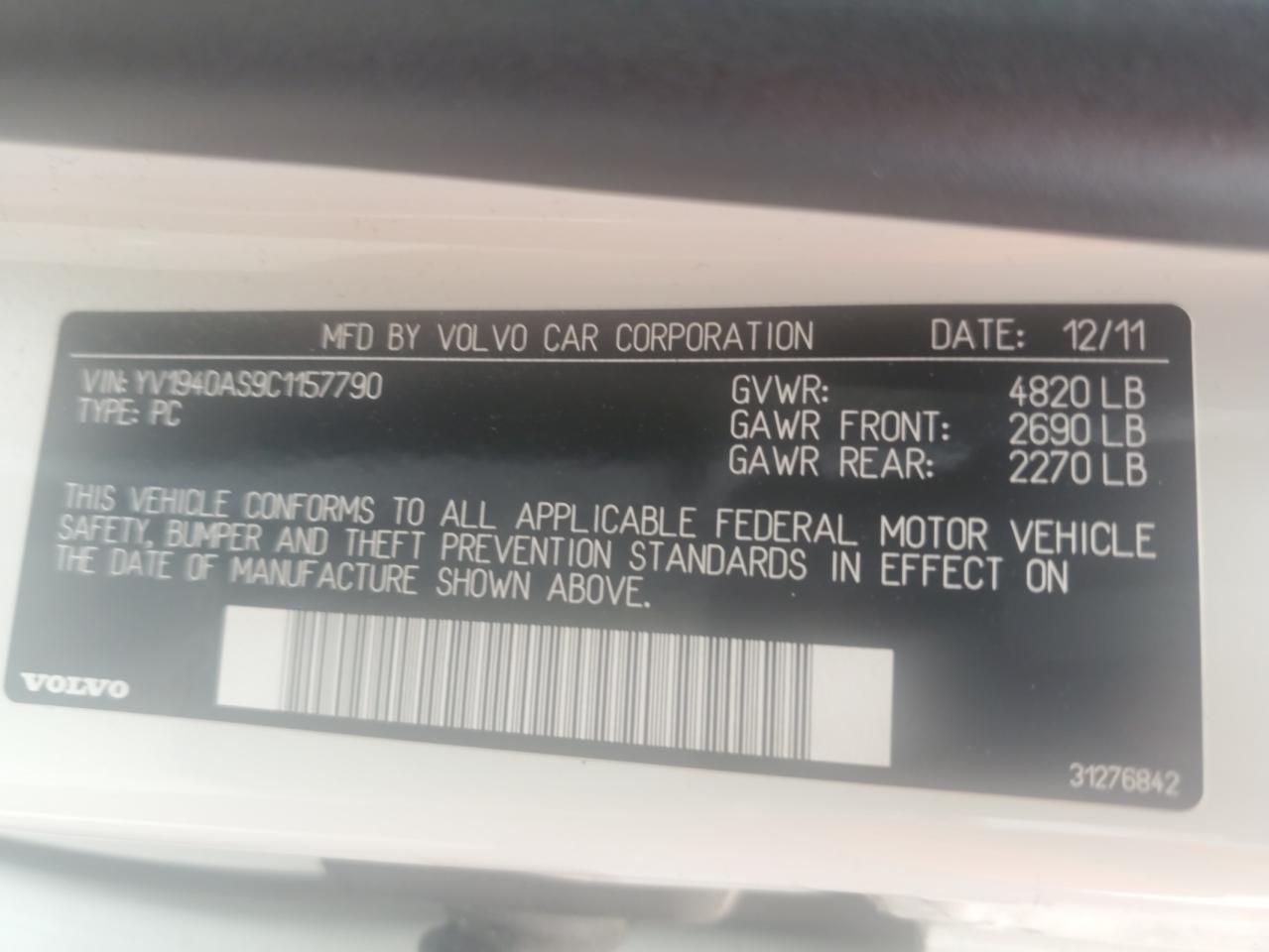2012 Volvo S80 3.2 VIN: YV1940AS9C1157790 Lot: 59520085