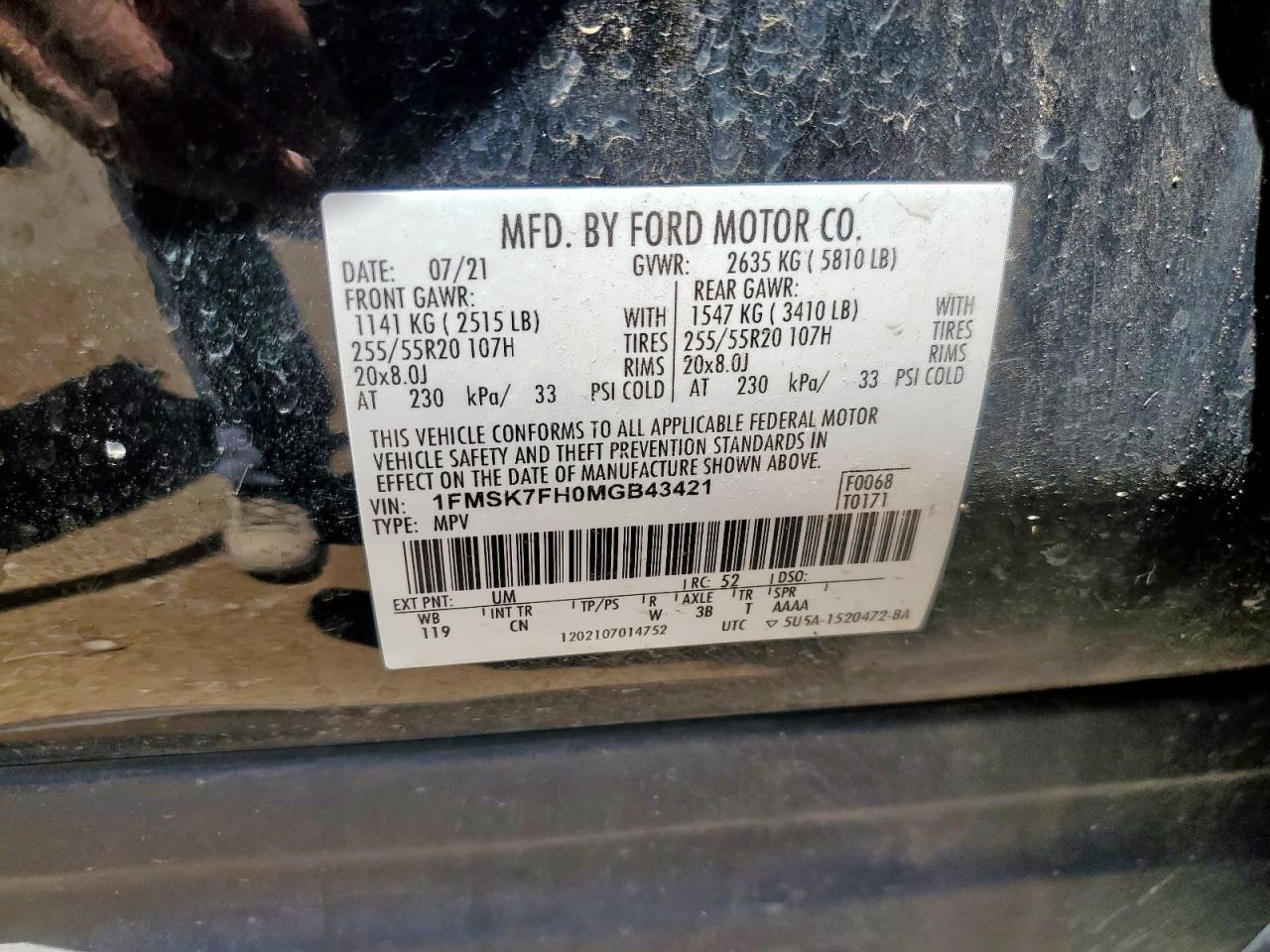 2021 Ford Explorer Limited VIN: 1FMSK7FH0MGB43421 Lot: 62605545