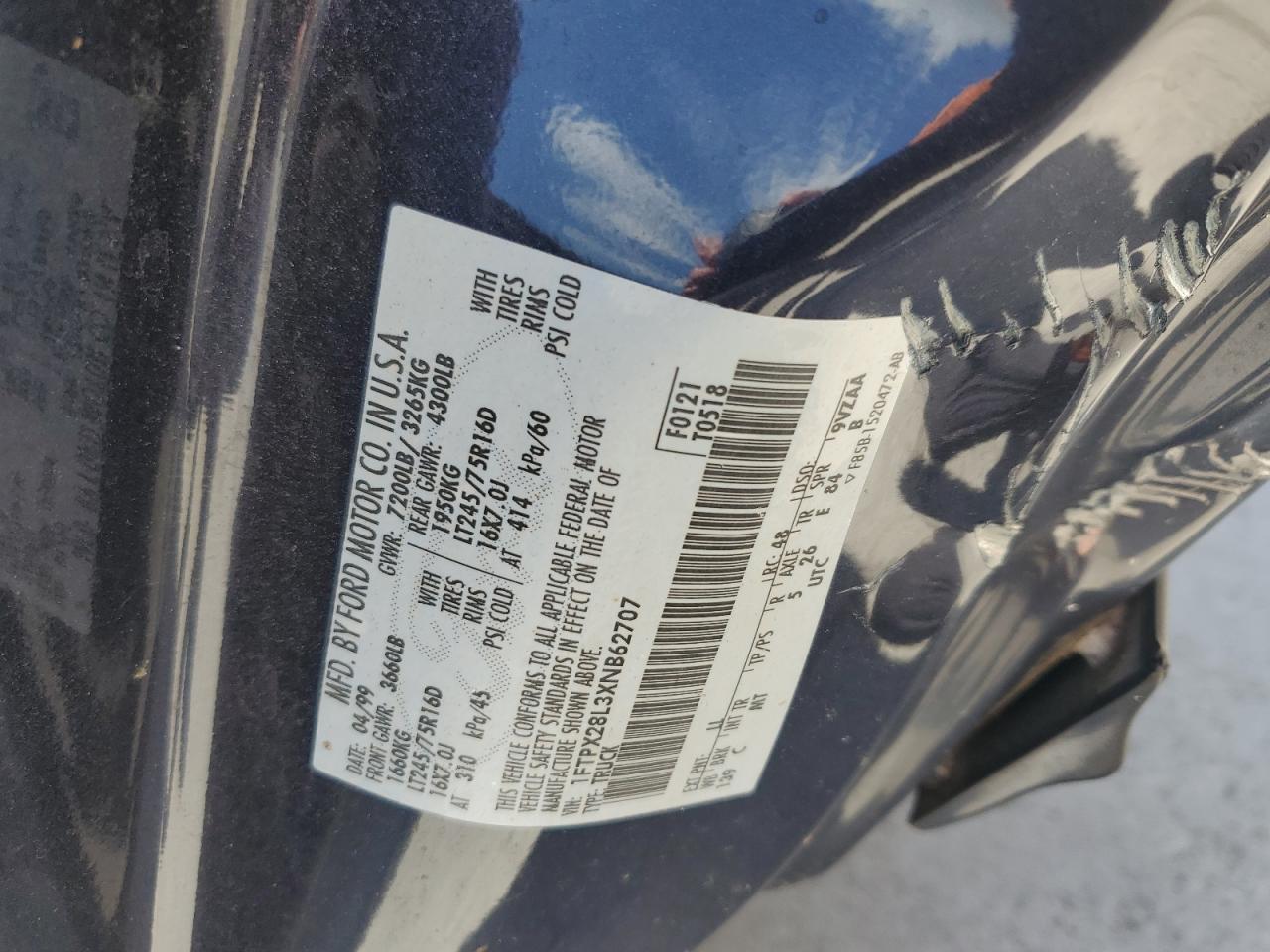 1999 Ford F250 VIN: 1FTPX28L3XNB62707 Lot: 61766665