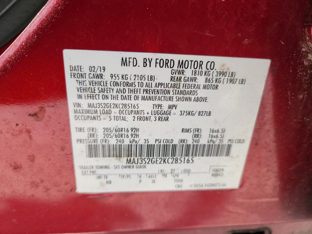 2019 Ford Ecosport Se VIN: MAJ3S2GE2KC285165 Lot: 62174545