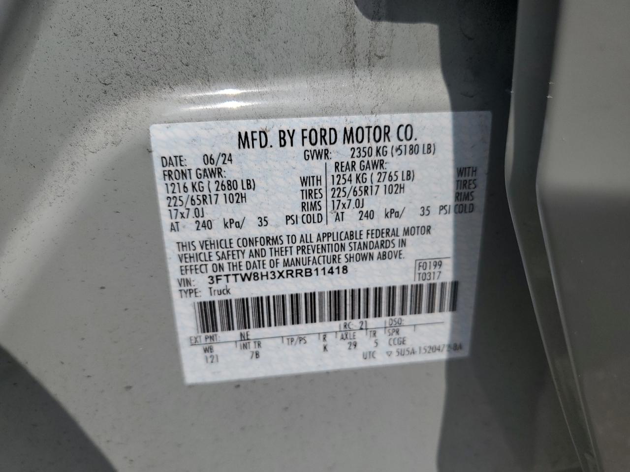 2024 Ford Maverick Xlt VIN: 3FTTW8H3XRRB11418 Lot: 59739605