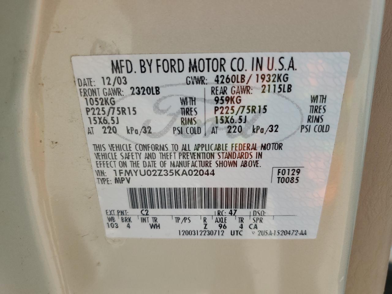 2005 Ford Escape Xls VIN: 1FMYU02Z35KA02044 Lot: 61158995