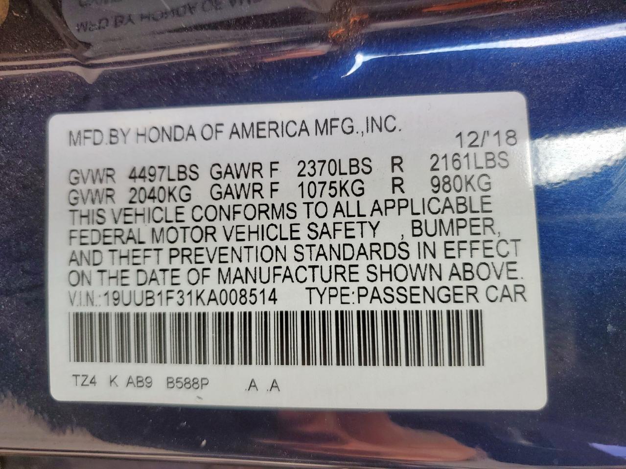 2019 Acura Tlx VIN: 19UUB1F31KA008514 Lot: 62570195