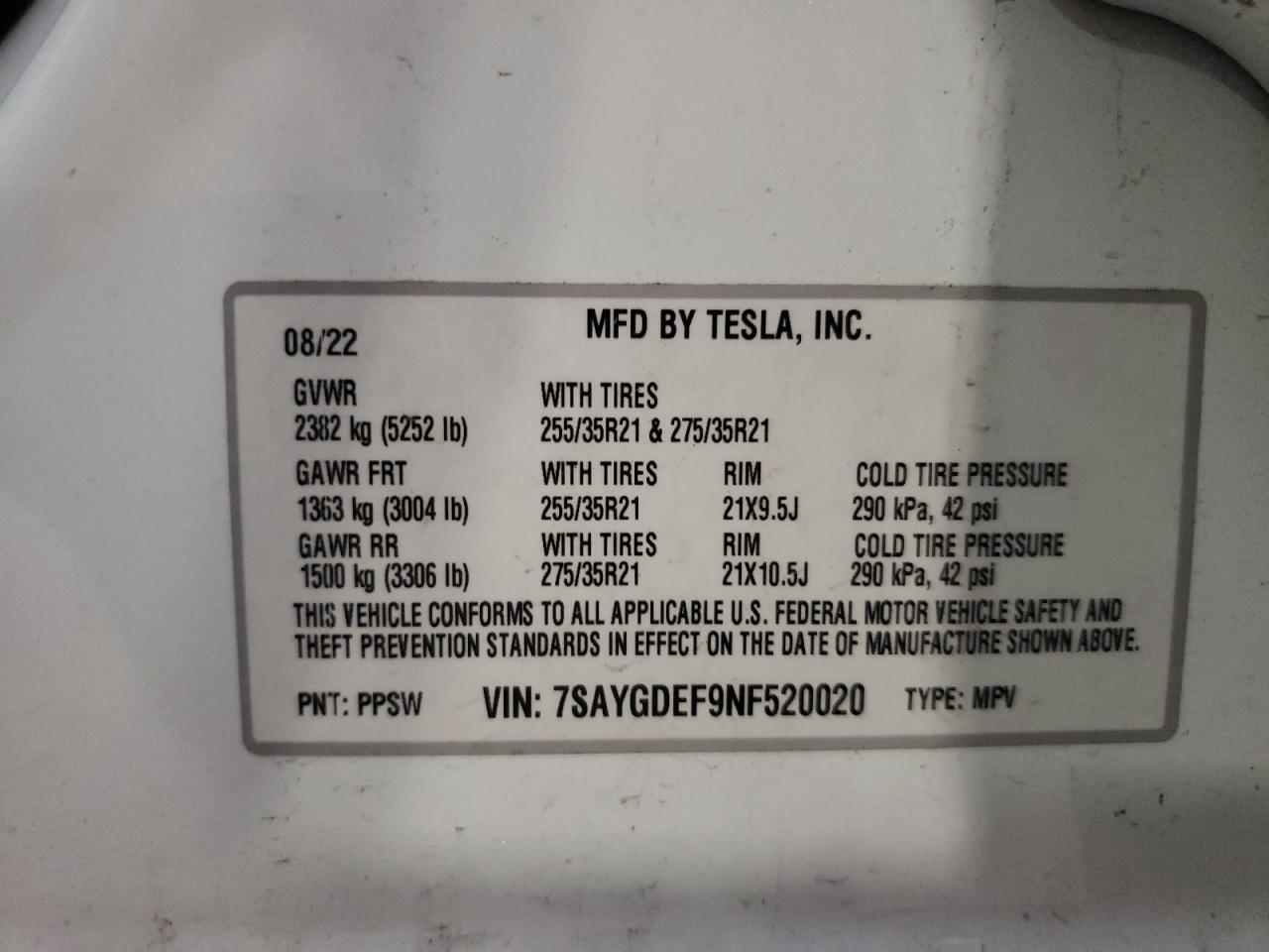 2022 Tesla Model Y VIN: 7SAYGDEF9NF520020 Lot: 60961695