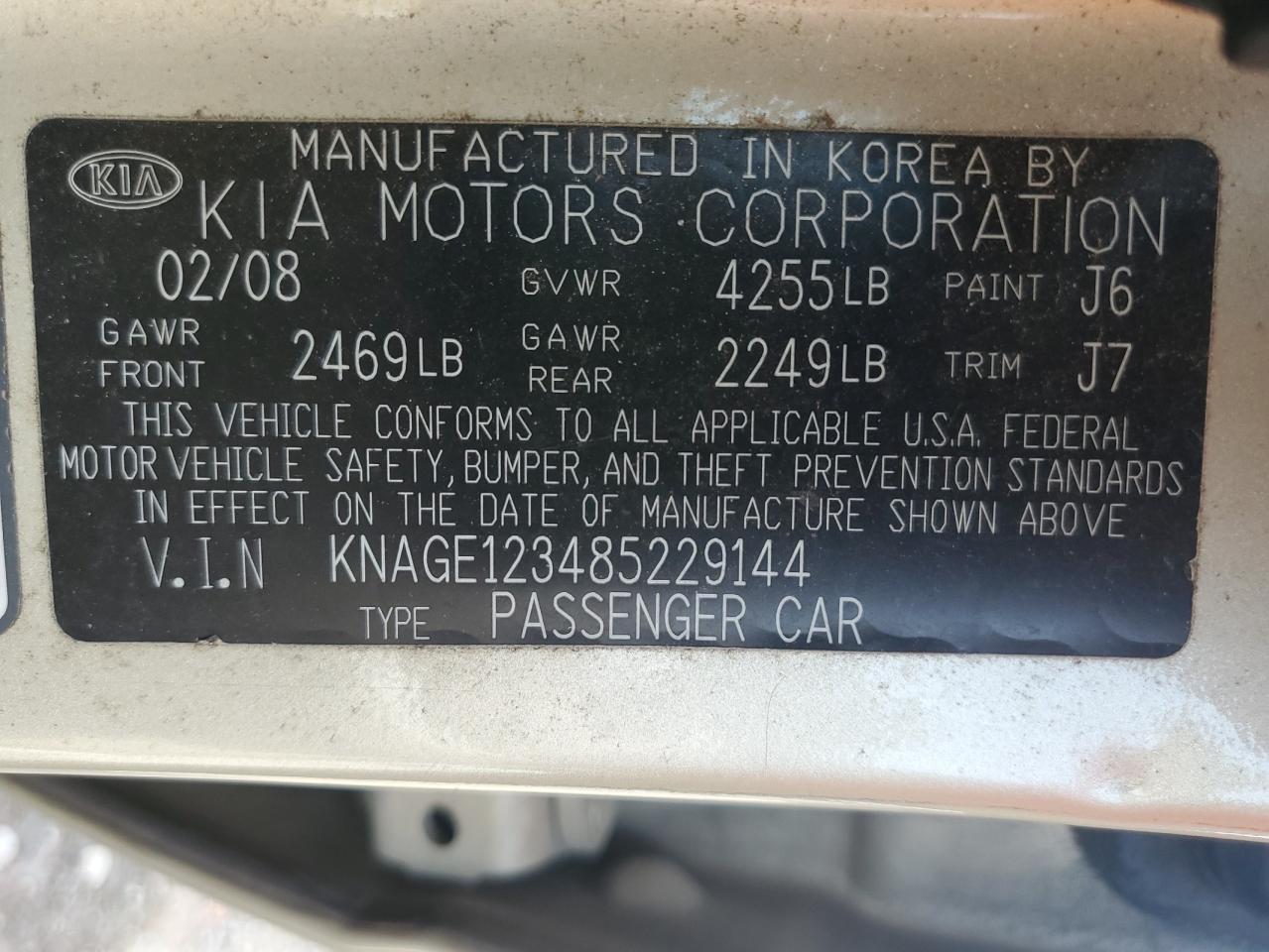 2008 Kia Optima Lx VIN: KNAGE123485229144 Lot: 59570155