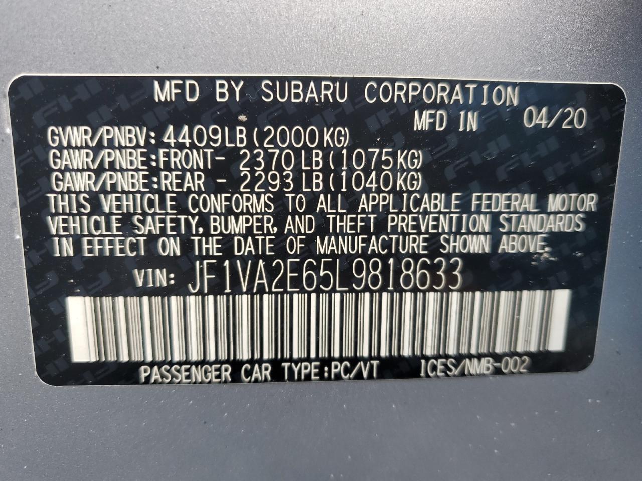 2020 Subaru Wrx Sti VIN: JF1VA2E65L9818633 Lot: 59835735