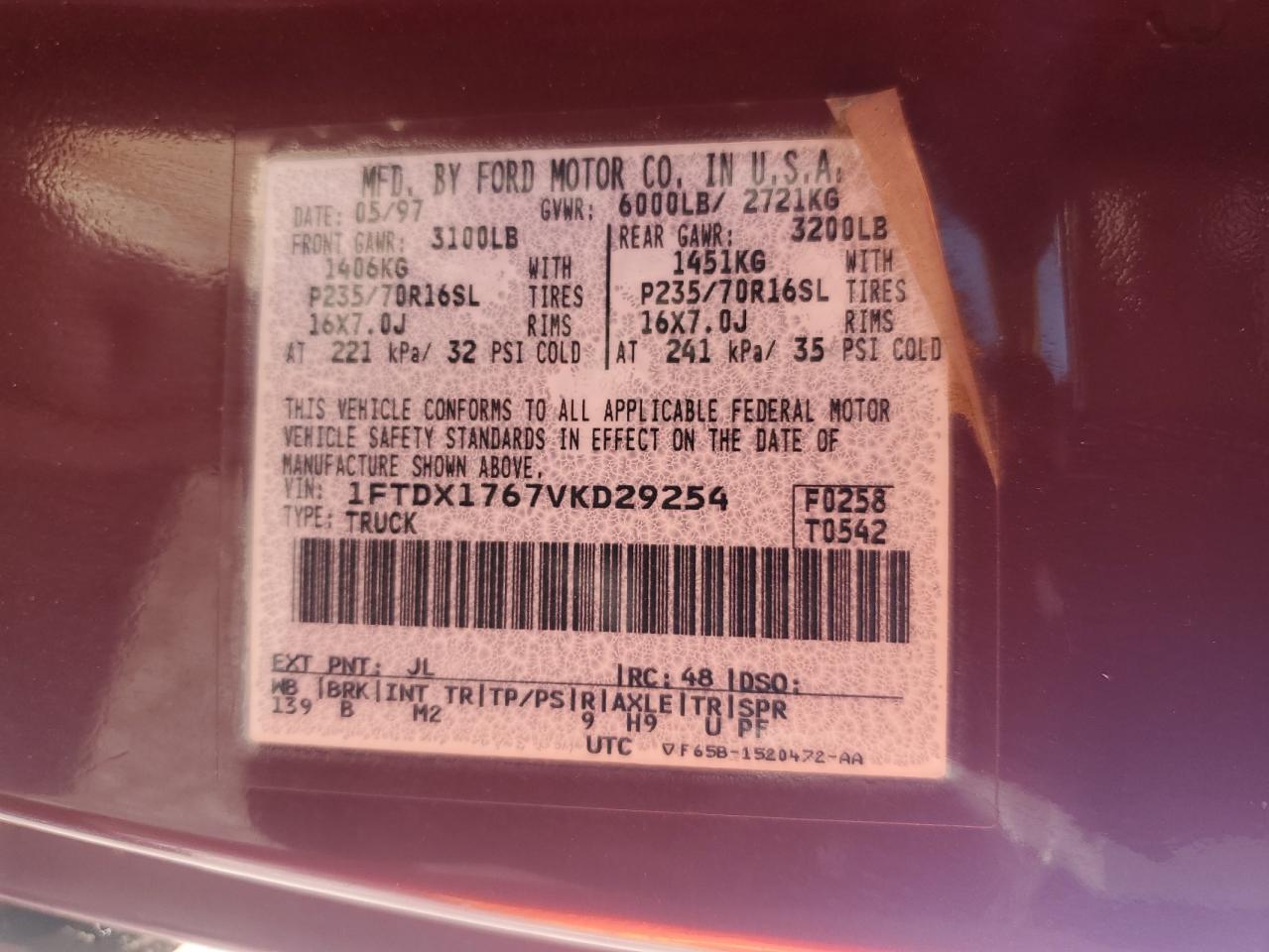 1997 Ford F150 VIN: 1FTDX1767VKD29254 Lot: 60237775