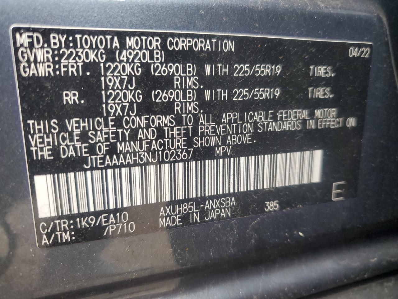 2022 Toyota Venza Le VIN: JTEAAAAH3NJ102367 Lot: 62791085