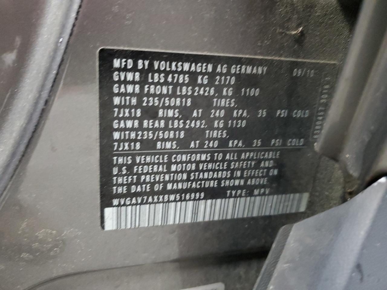 2011 Volkswagen Tiguan S VIN: WVGAV7AXXBW516999 Lot: 60240395