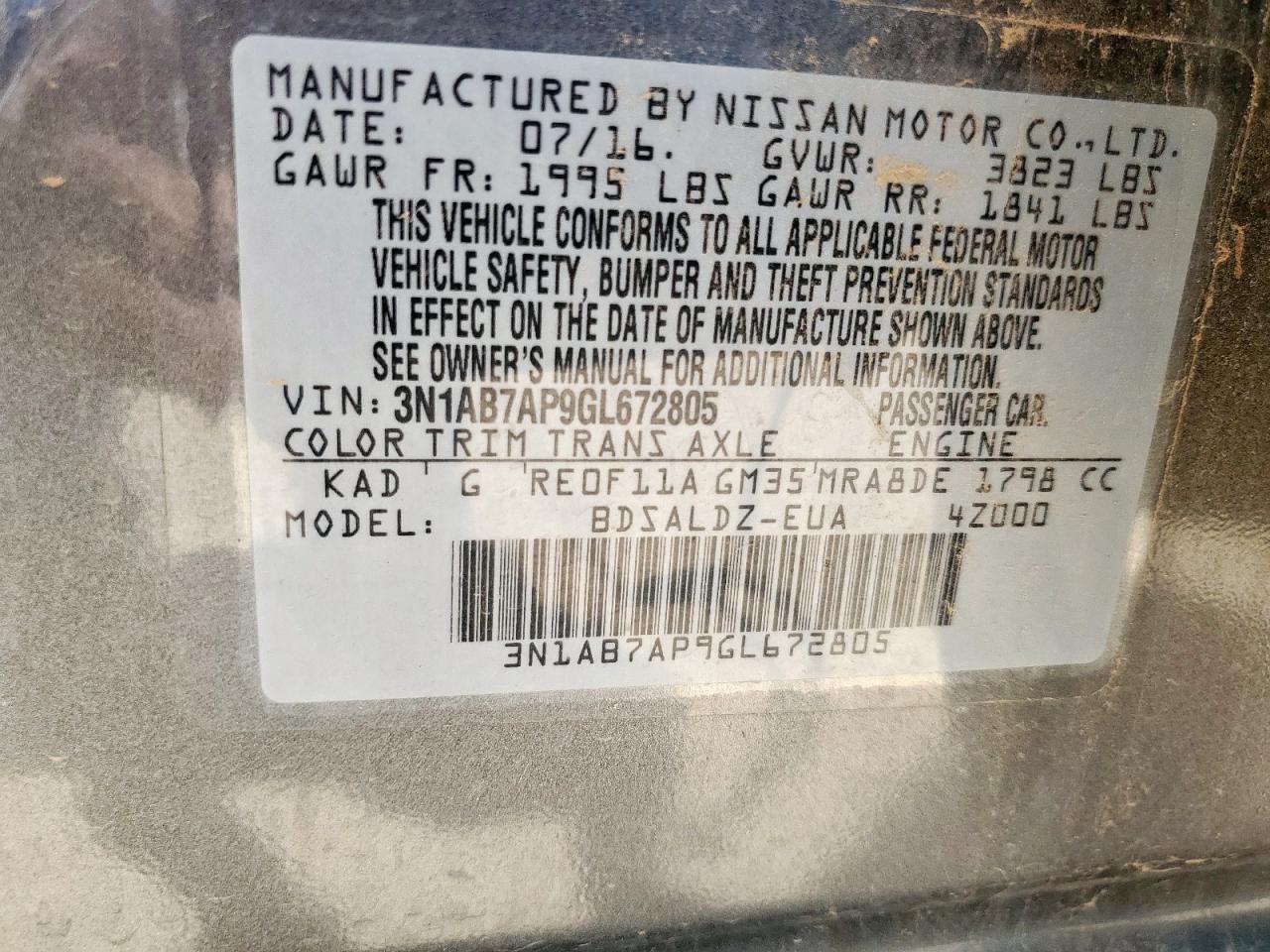 2016 Nissan Sentra S VIN: 3N1AB7AP9GL672805 Lot: 61145615