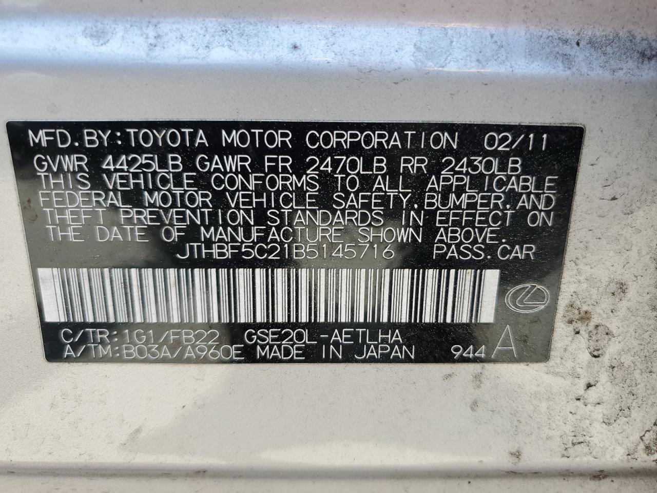 2011 Lexus Is 250 VIN: JTHBF5C21B5145716 Lot: 59121705