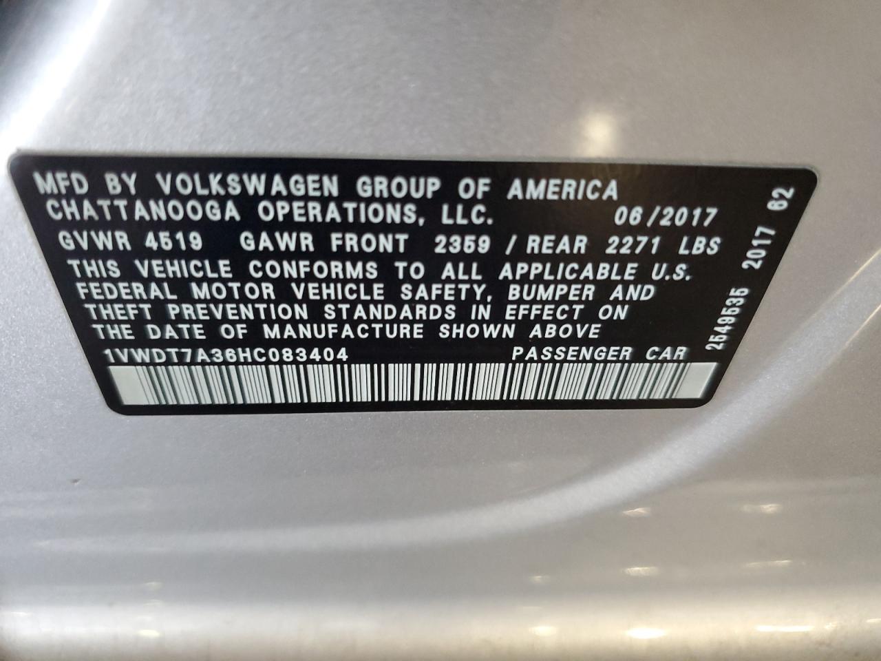 2017 Volkswagen Passat R-Line VIN: 1VWDT7A36HC083404 Lot: 61595205