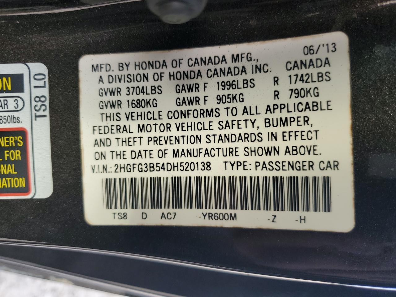 2013 Honda Civic Lx VIN: 2HGFG3B54DH520138 Lot: 62596745