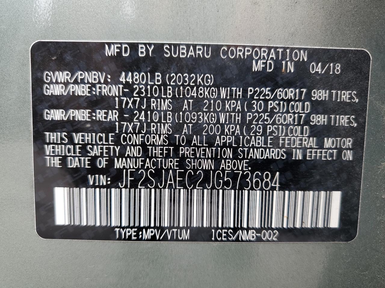 2018 Subaru Forester 2.5I Premium VIN: JF2SJAEC2JG573684 Lot: 61726775