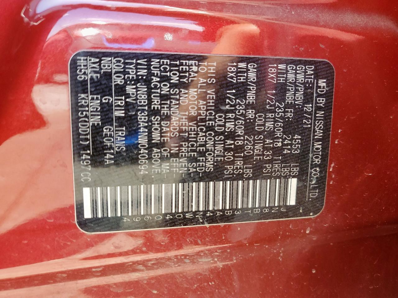2022 Nissan Rogue Sv VIN: JN8BT3BA4NW040694 Lot: 62669605