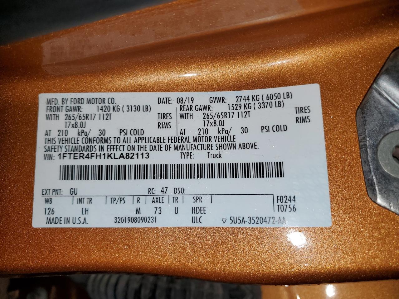 2019 Ford Ranger Xl VIN: 1FTER4FH1KLA82113 Lot: 60981995