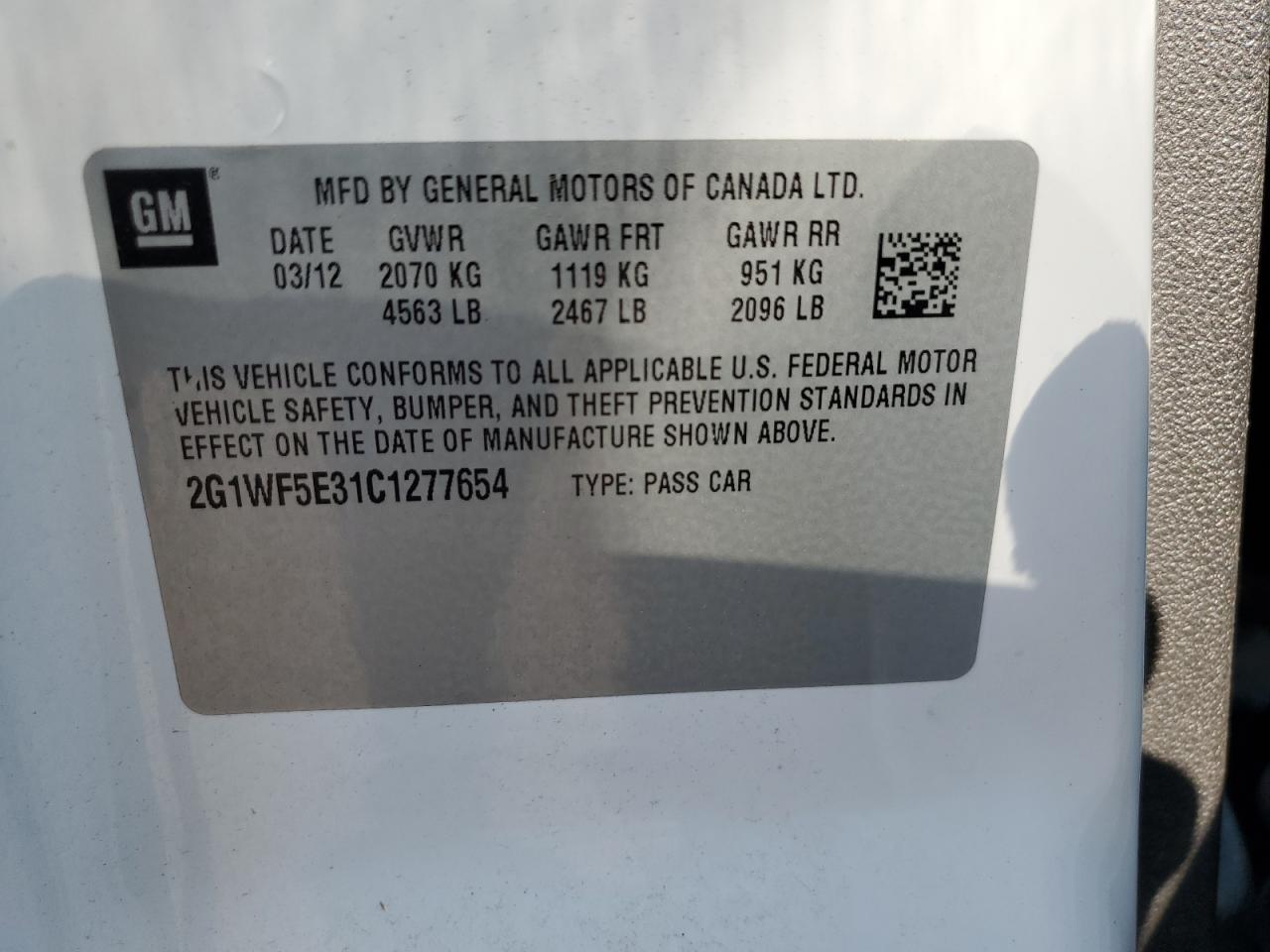 CHEVROLET IMPALA 2012 VIN 2G1WF5E31C1277654 photo 13