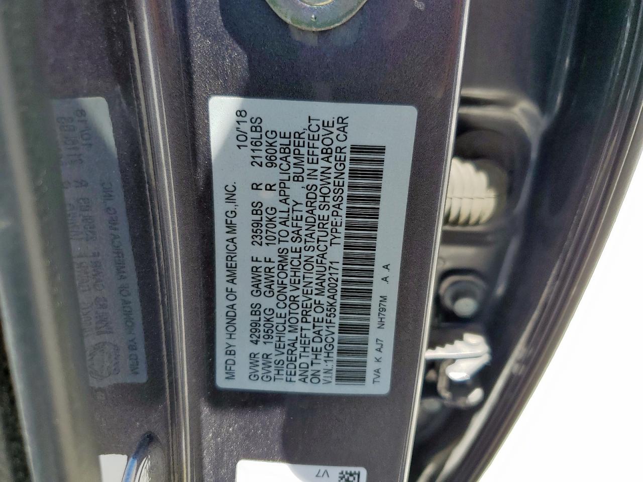HONDA ACCORD 2019 VIN 1HGCV1F55KA002171 фото 12
