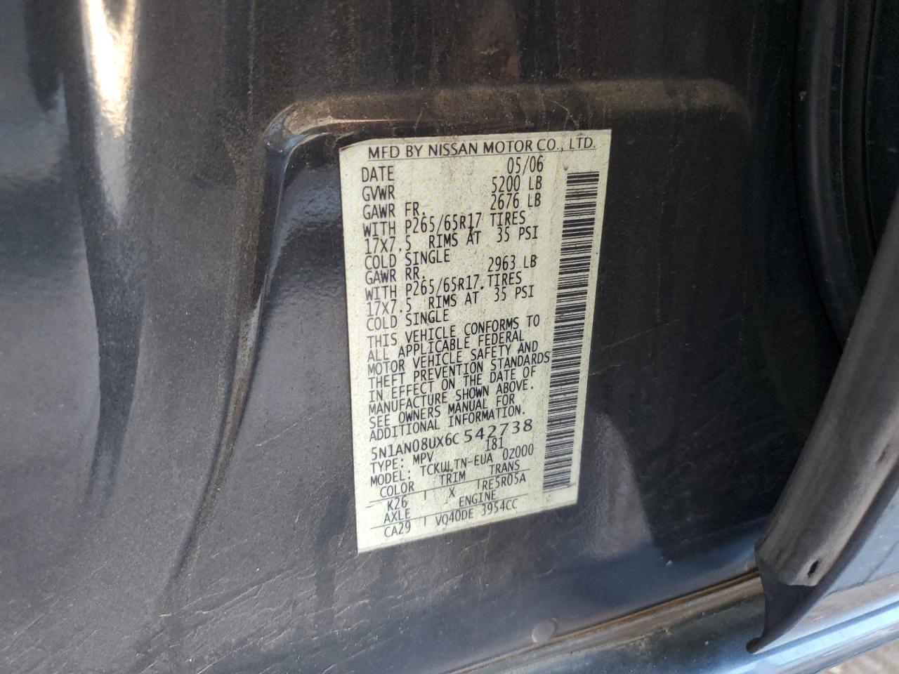 2006 Nissan Xterra Off Road VIN: 5N1AN08UX6C542738 Lot: 62102575