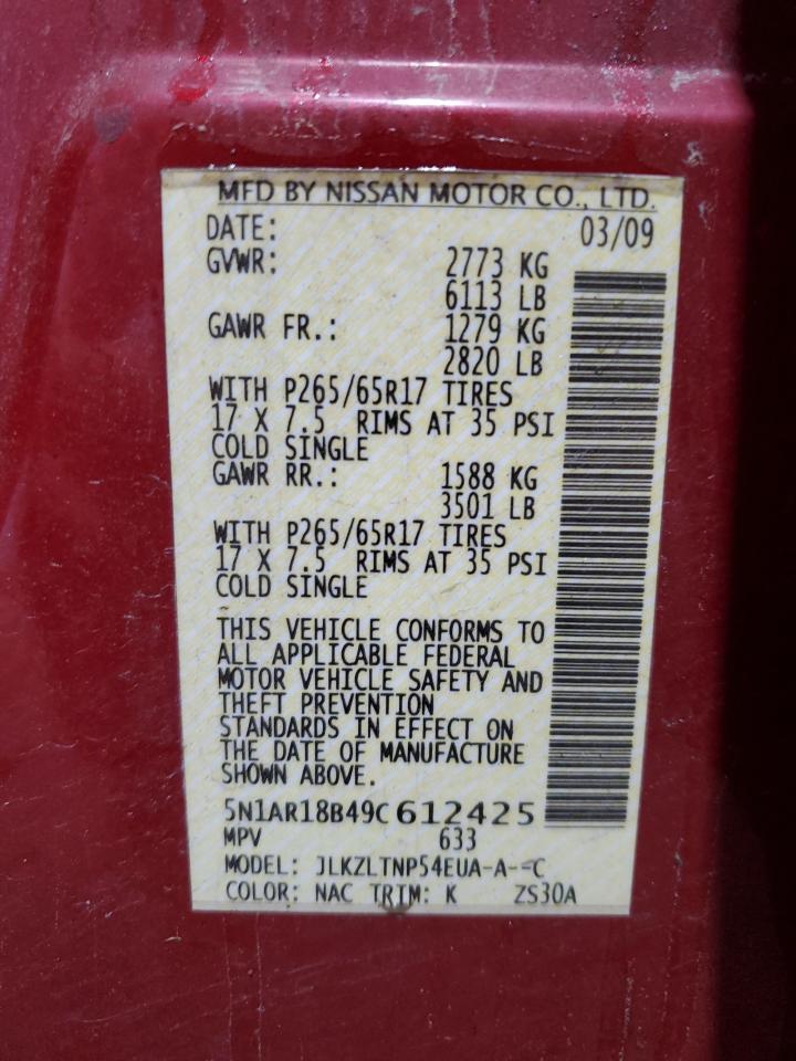 2009 Nissan Pathfinder S VIN: 5N1AR18B49C612425 Lot: 61185745