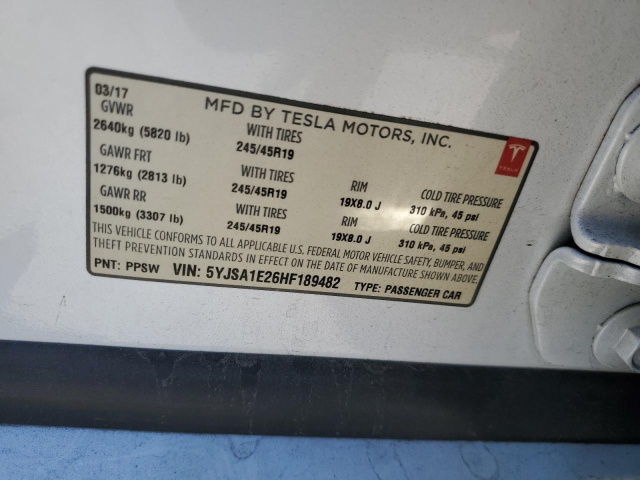 2017 Tesla Model S VIN: 5YJSA1E26HF189482 Lot: 63120515