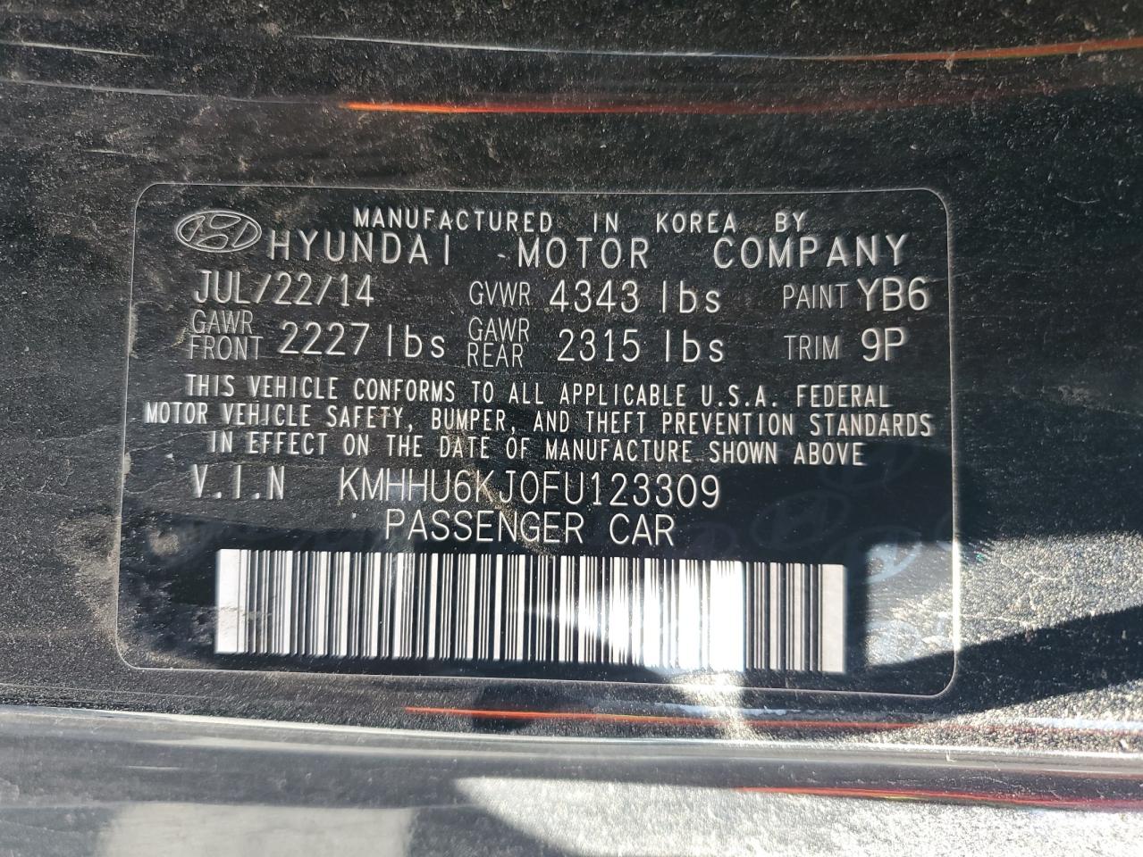 2015 Hyundai Genesis Coupe 3.8L VIN: KMHHU6KJ0FU123309 Lot: 62004535