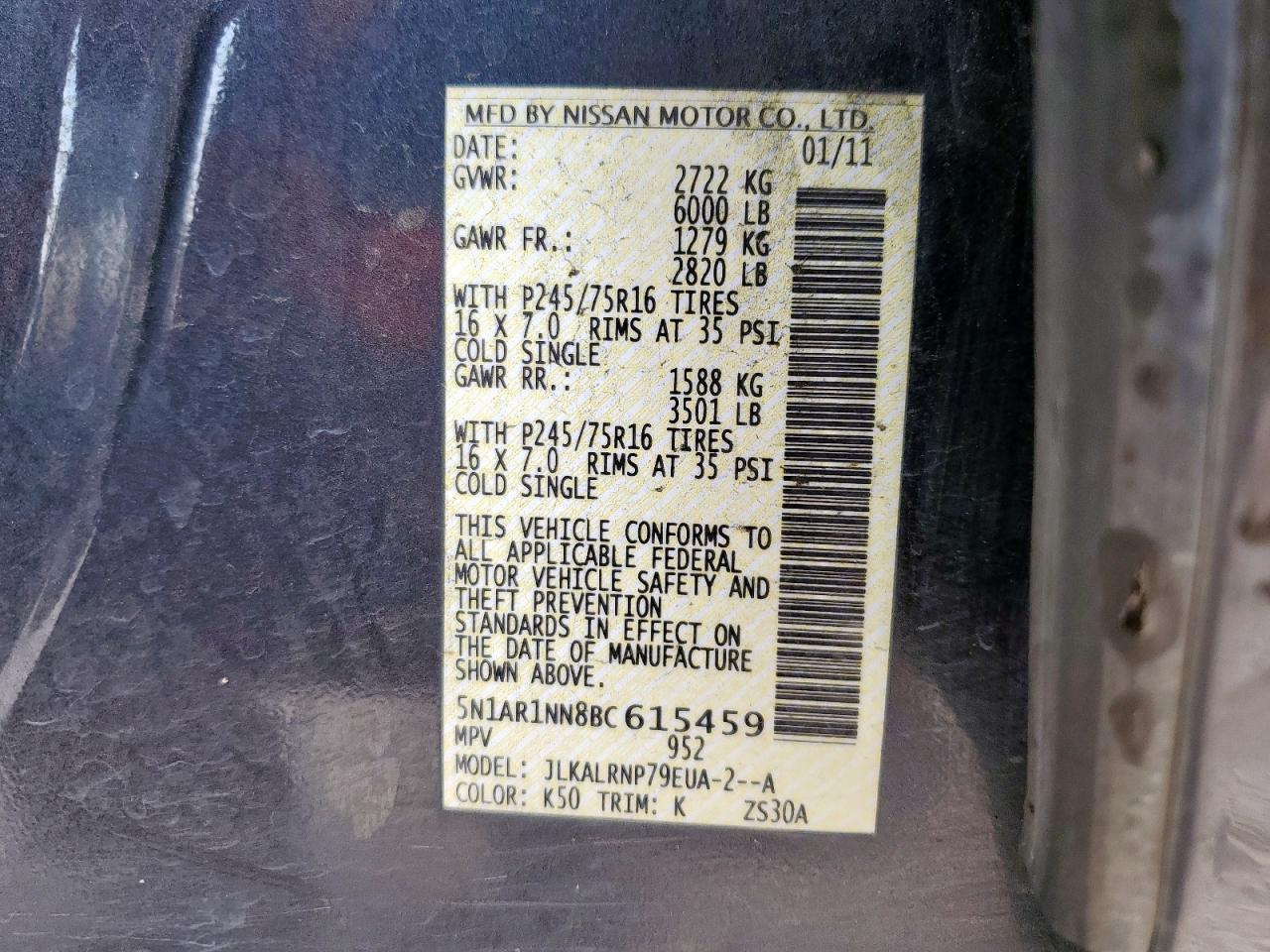 2011 Nissan Pathfinder S VIN: 5N1AR1NN8BC615459 Lot: 59355365