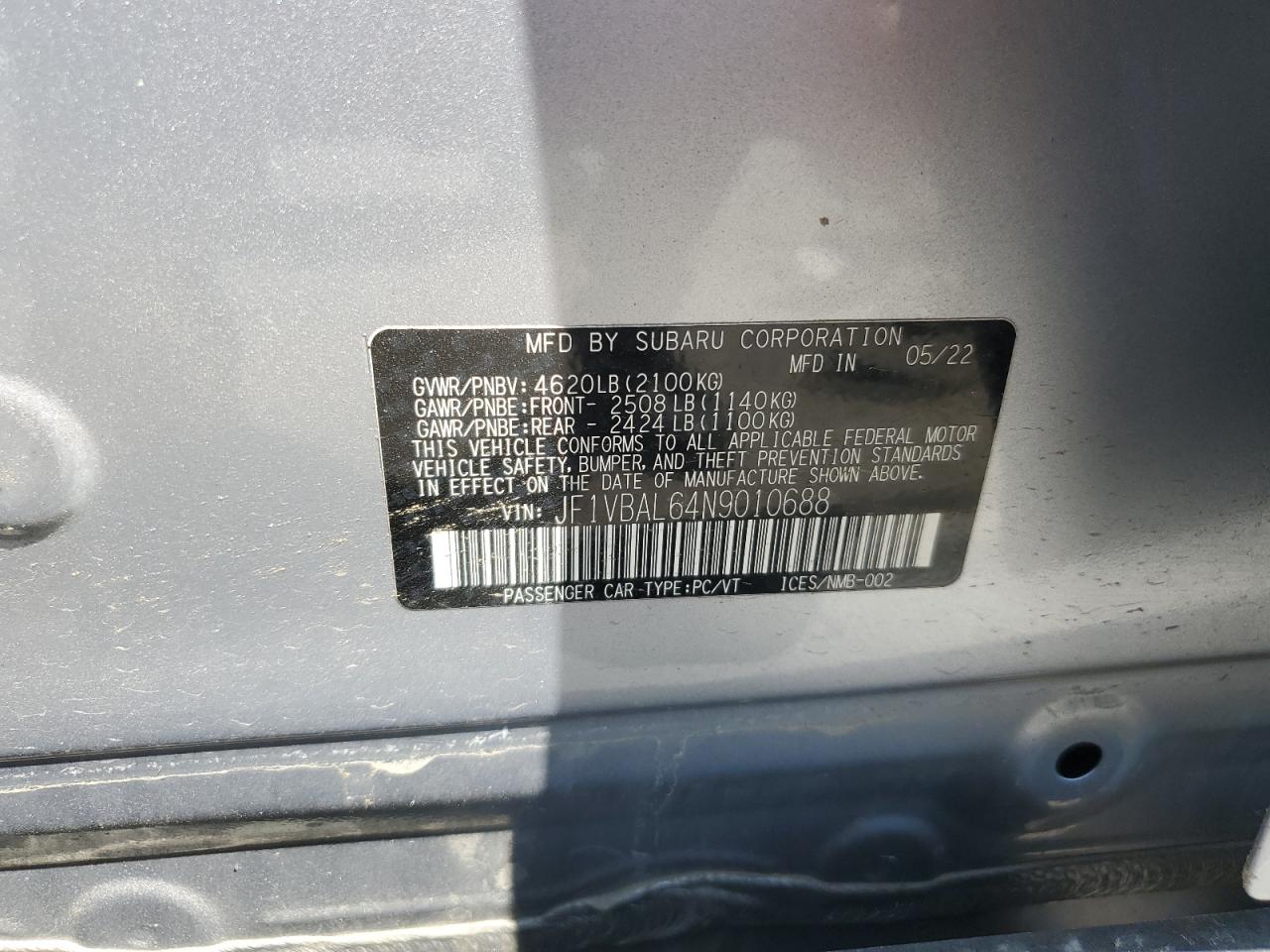 2022 Subaru Wrx Limited VIN: JF1VBAL64N9010688 Lot: 62412185