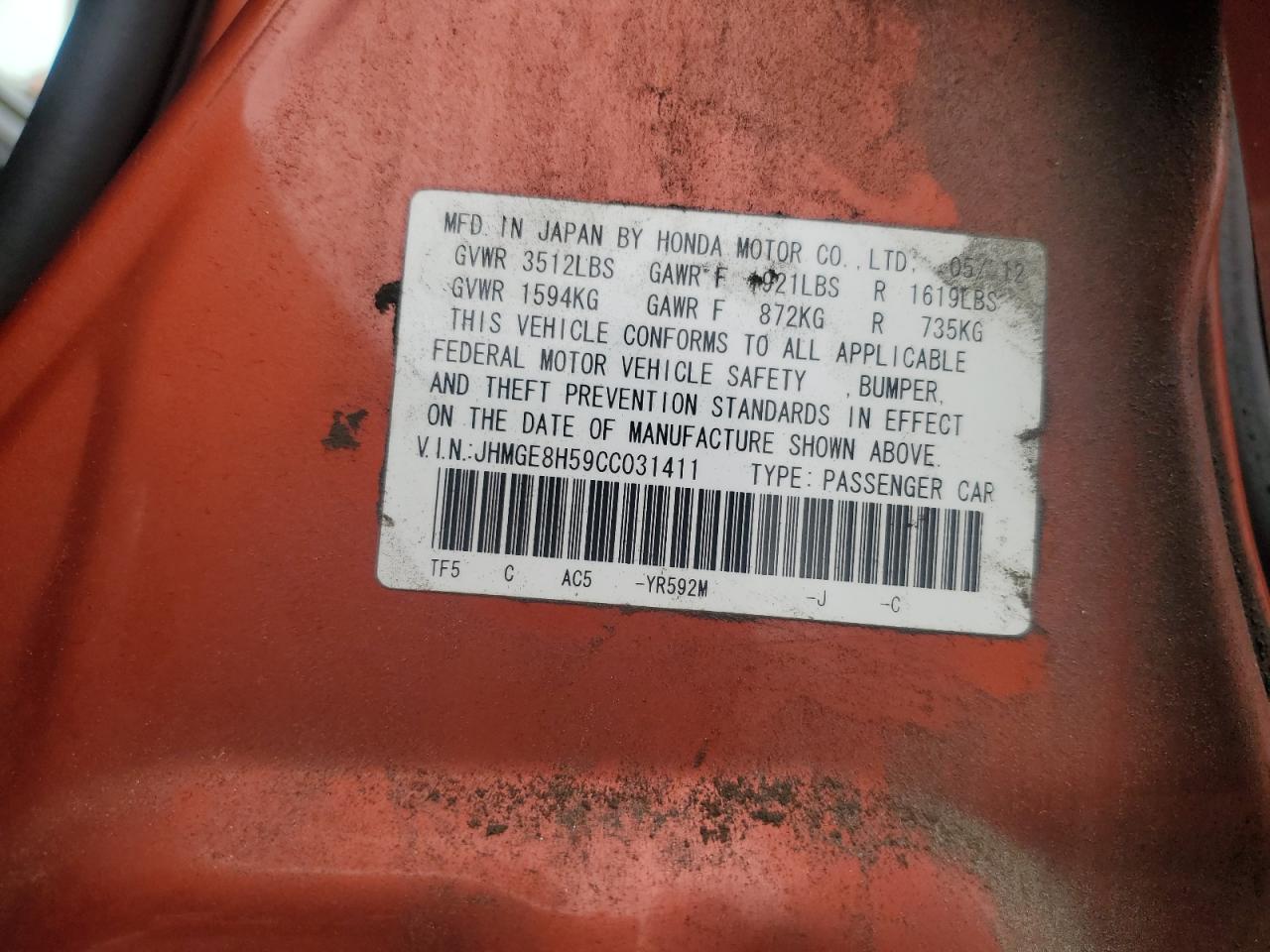 2012 Honda Fit Sport VIN: JHMGE8H59CC031411 Lot: 62493155