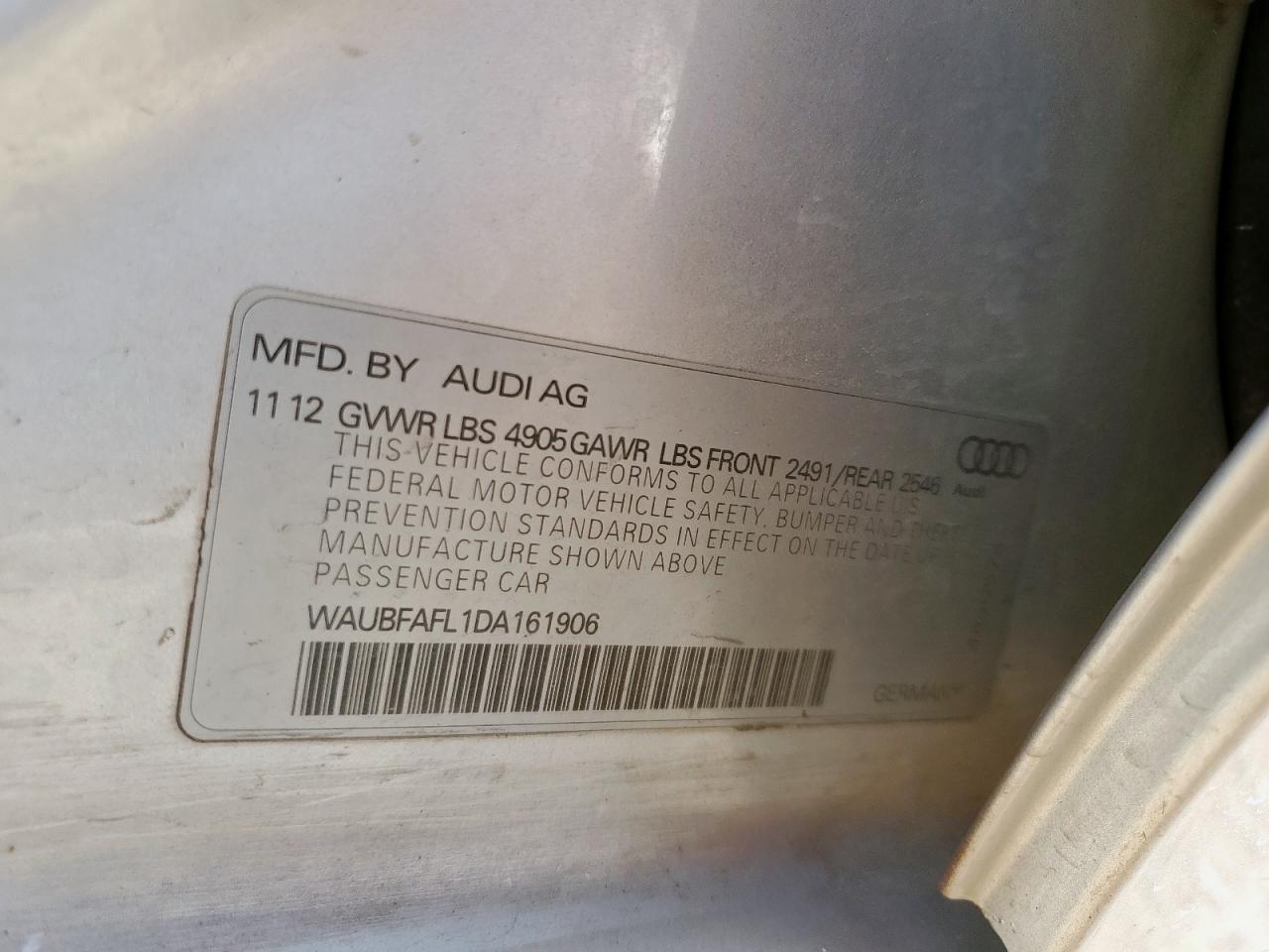 2013 Audi A4 Premium VIN: WAUBFAFL1DA161906 Lot: 62033175