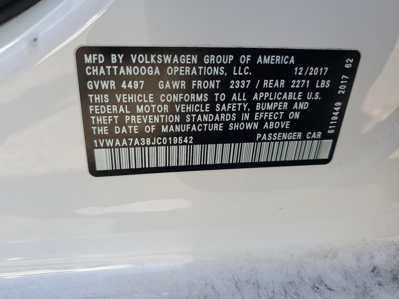 2018 Volkswagen Passat S VIN: 1VWAA7A38JC019542 Lot: 61260375