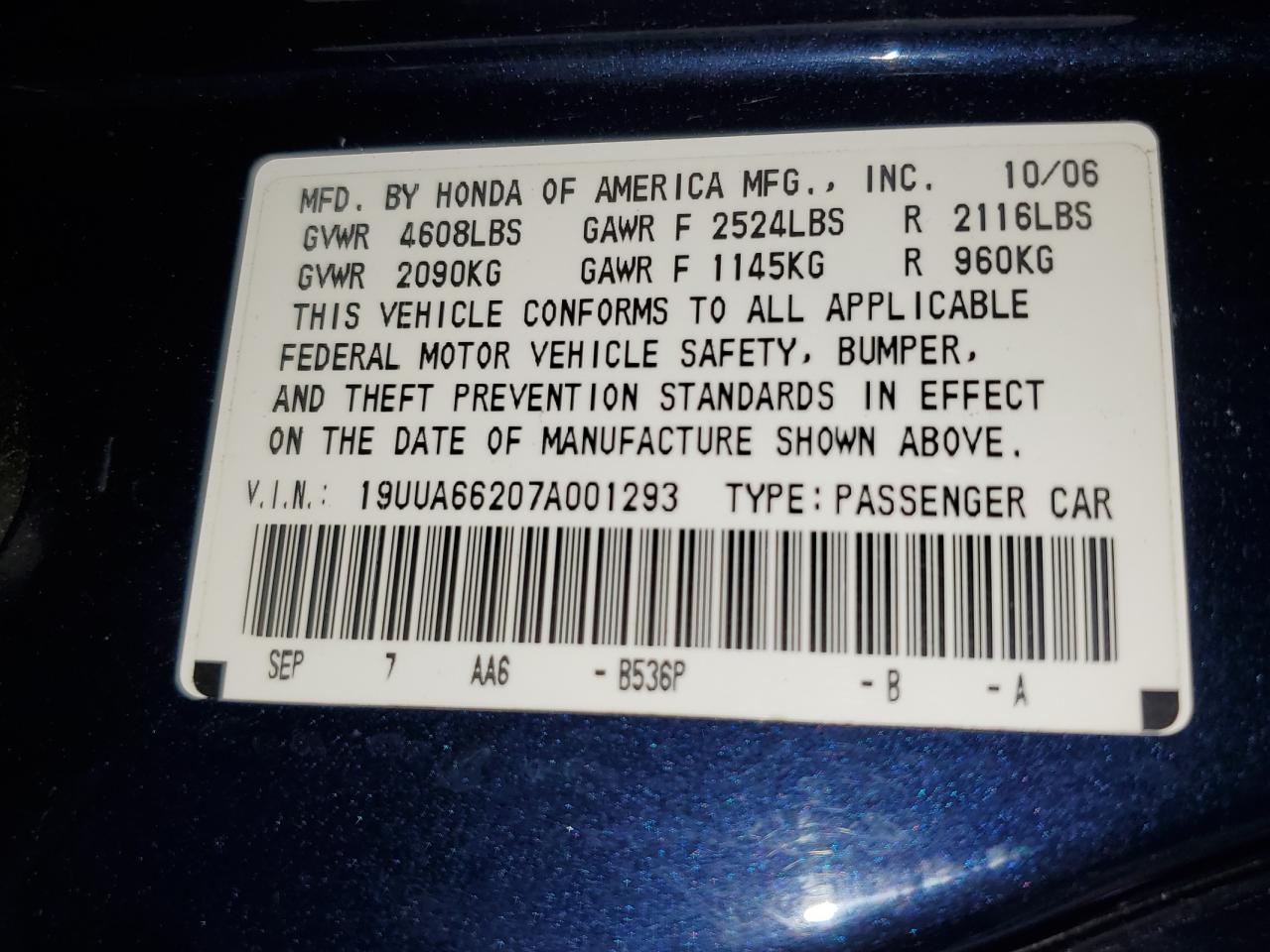 2007 Acura Tl VIN: 19UUA66207A001293 Lot: 62156325