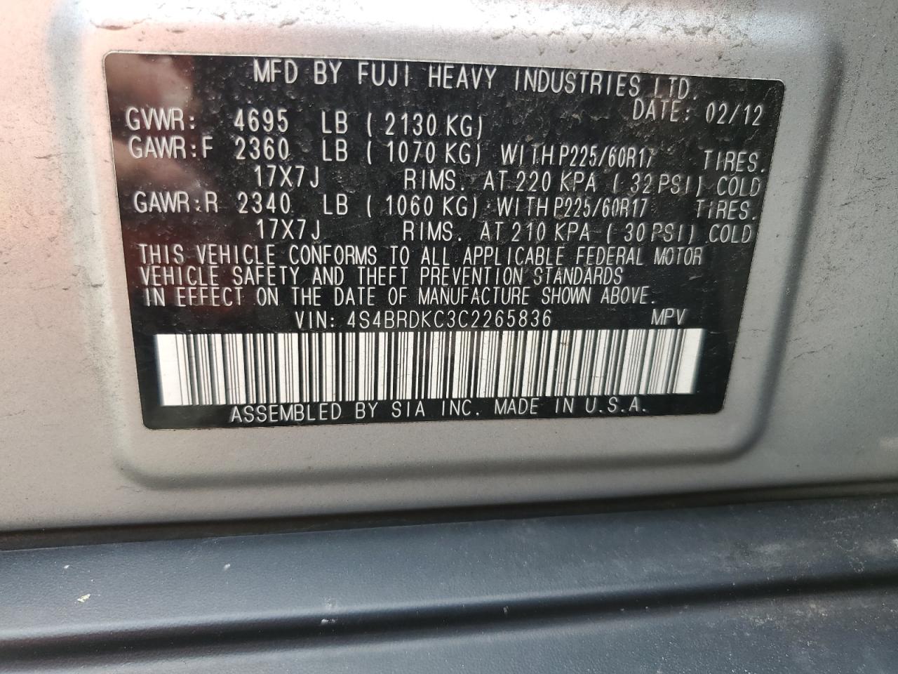2012 Subaru Outback 3.6R Limited VIN: 4S4BRDKC3C2265836 Lot: 62587705