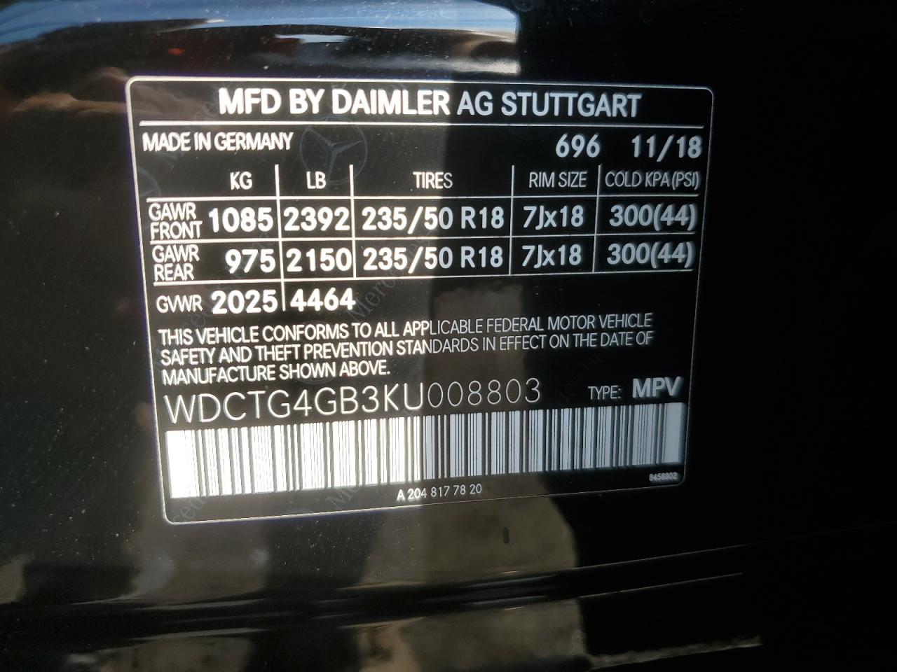 2019 Mercedes-Benz Gla 250 4Matic VIN: WDCTG4GB3KU008803 Lot: 62820225