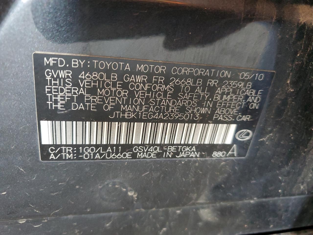 2010 Lexus Es 350 VIN: JTHBK1EG4A2395013 Lot: 63140545
