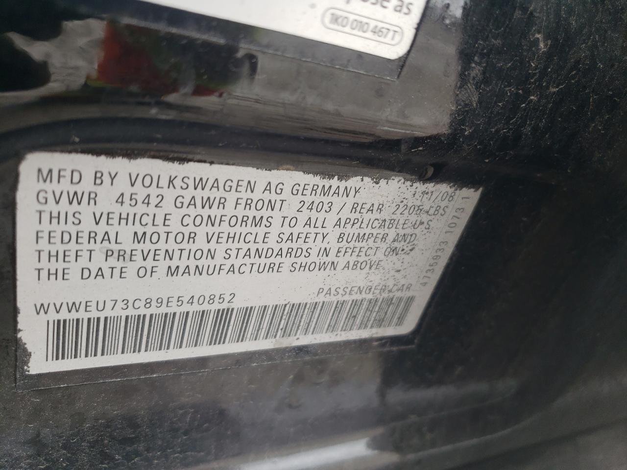 2009 Volkswagen Cc VIN: WVWEU73C89E540852 Lot: 60072765