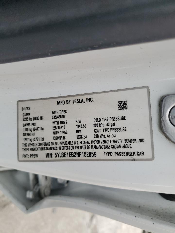 2022 Tesla Model 3 VIN: 5YJ3E1EB2NF152059 Lot: 59699705