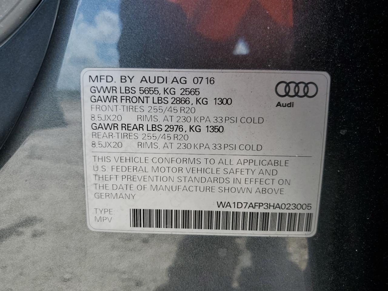 2017 Audi Q5 Premium Plus S-Line VIN: WA1D7AFP3HA023005 Lot: 61133005