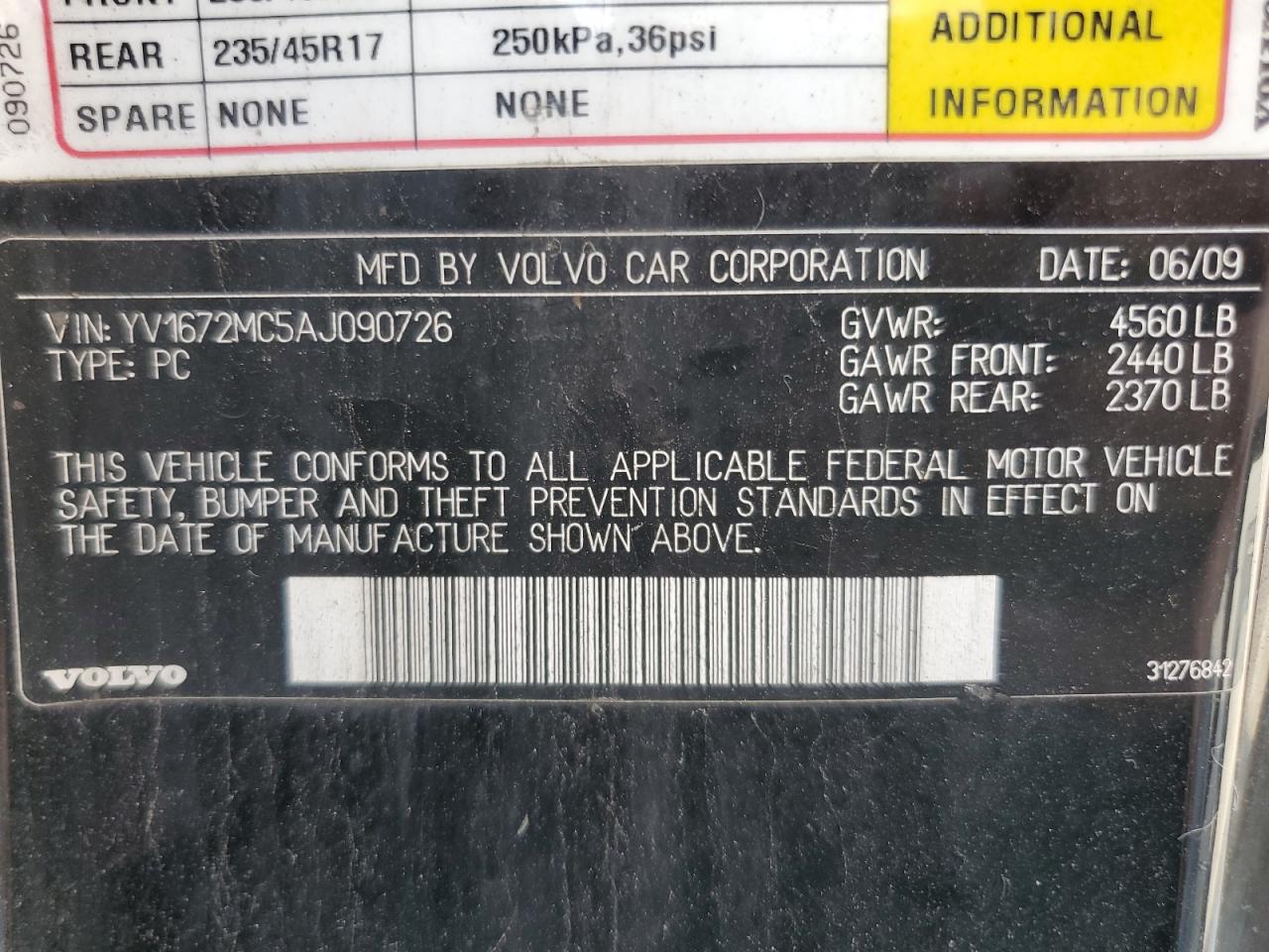 2010 Volvo C70 T5 VIN: YV1672MC5AJ090726 Lot: 59773975