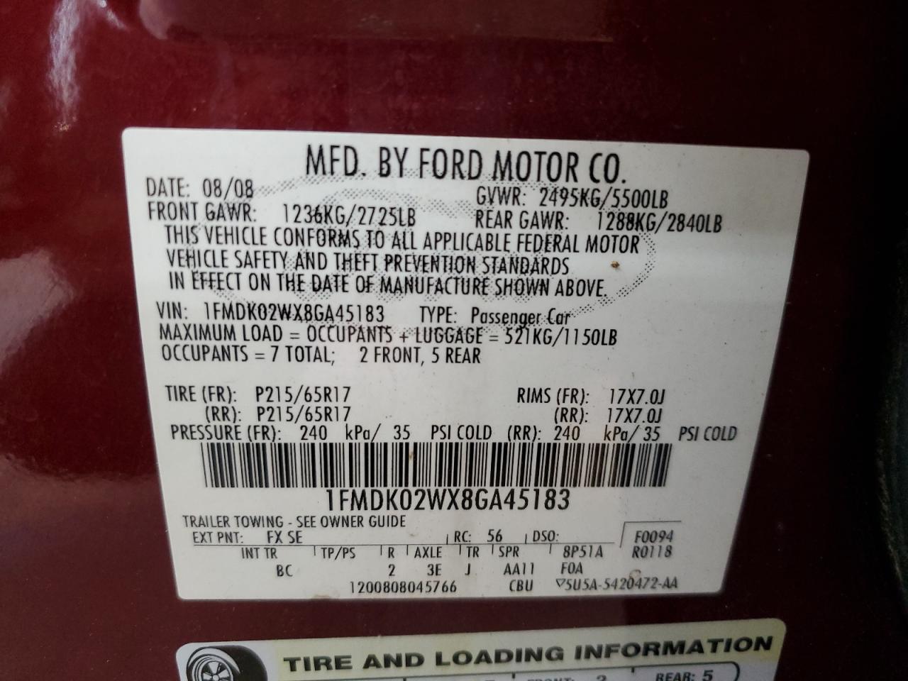 2008 Ford Taurus X Sel VIN: 1FMDK02WX8GA45183 Lot: 61862535