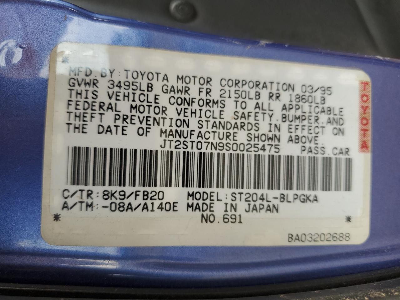 1995 Toyota Celica Gt VIN: JT2ST07N9S0025475 Lot: 60781625