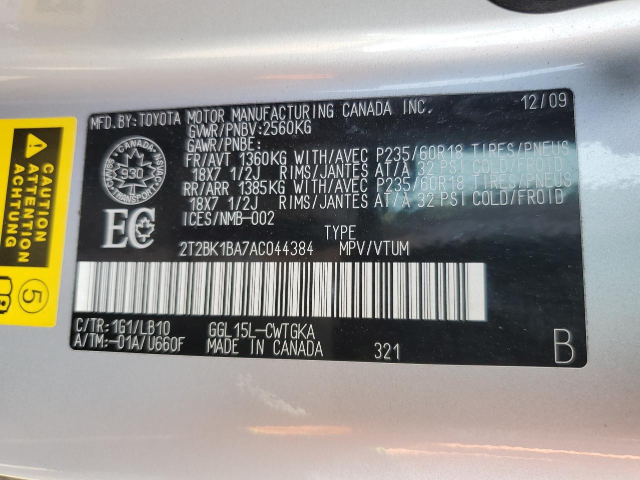 2010 Lexus Rx 350 VIN: 2T2BK1BA7AC044384 Lot: 61408195