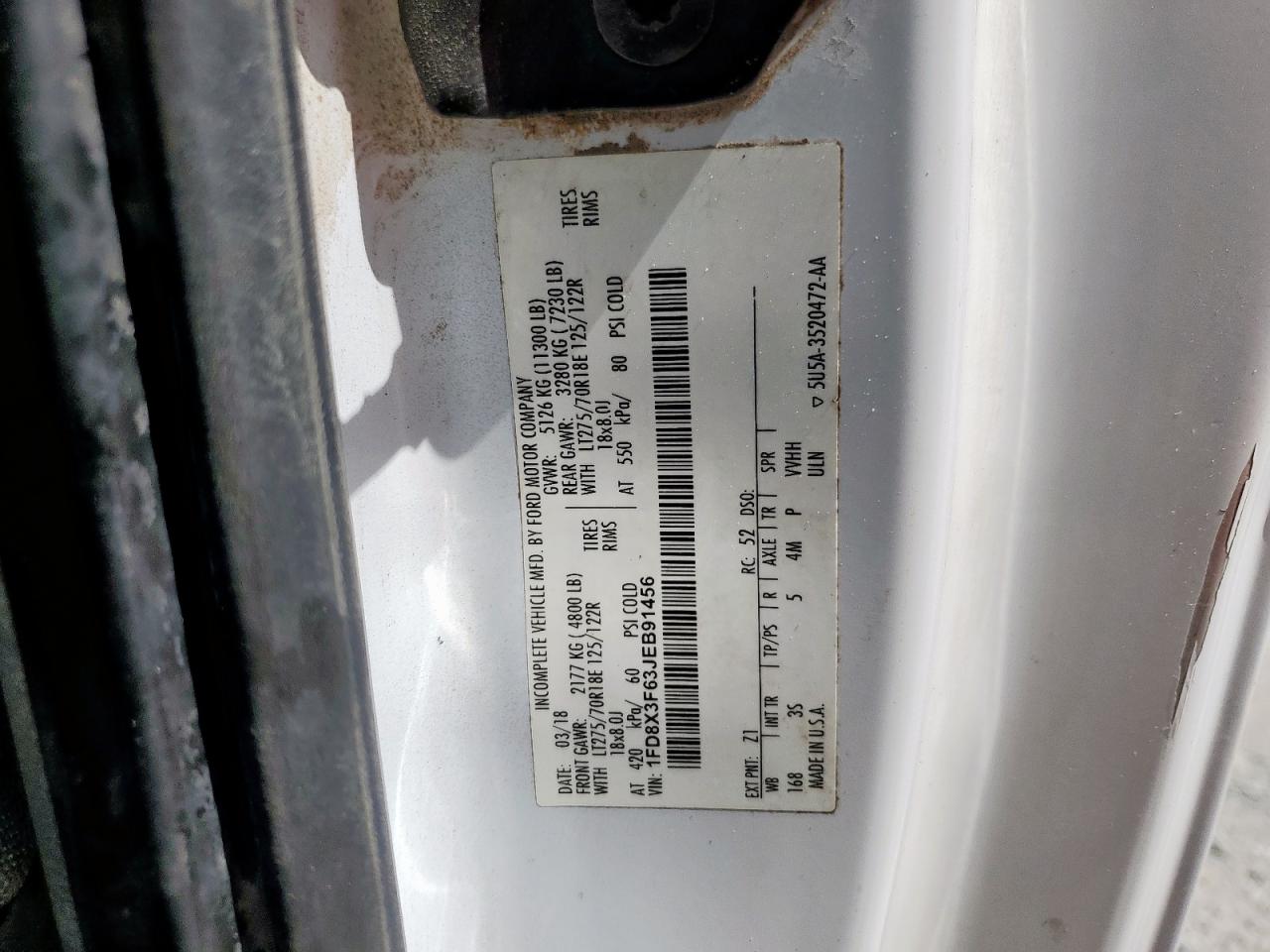 2018 Ford F350 Super Duty VIN: 1FD8X3F63JEB91456 Lot: 62749585