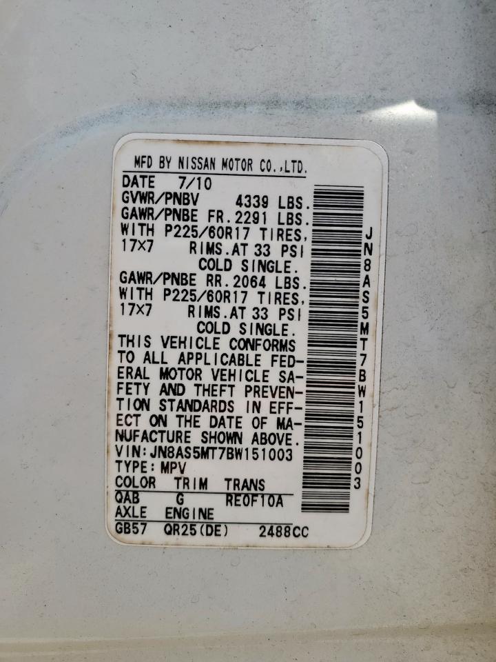 2011 Nissan Rogue S VIN: JN8AS5MT7BW151003 Lot: 62455435