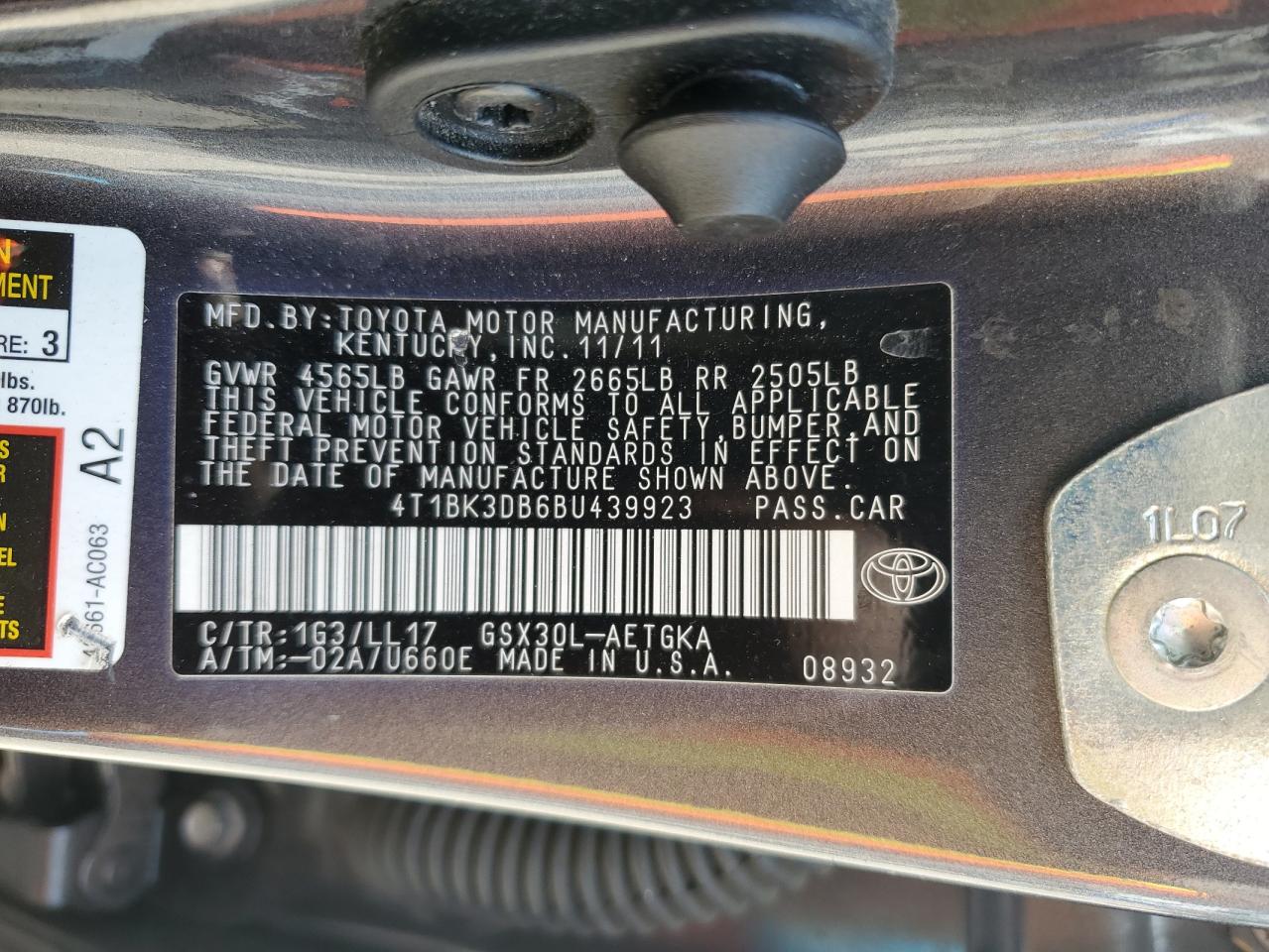 2011 Toyota Avalon Base VIN: 4T1BK3DB6BU439923 Lot: 60702435