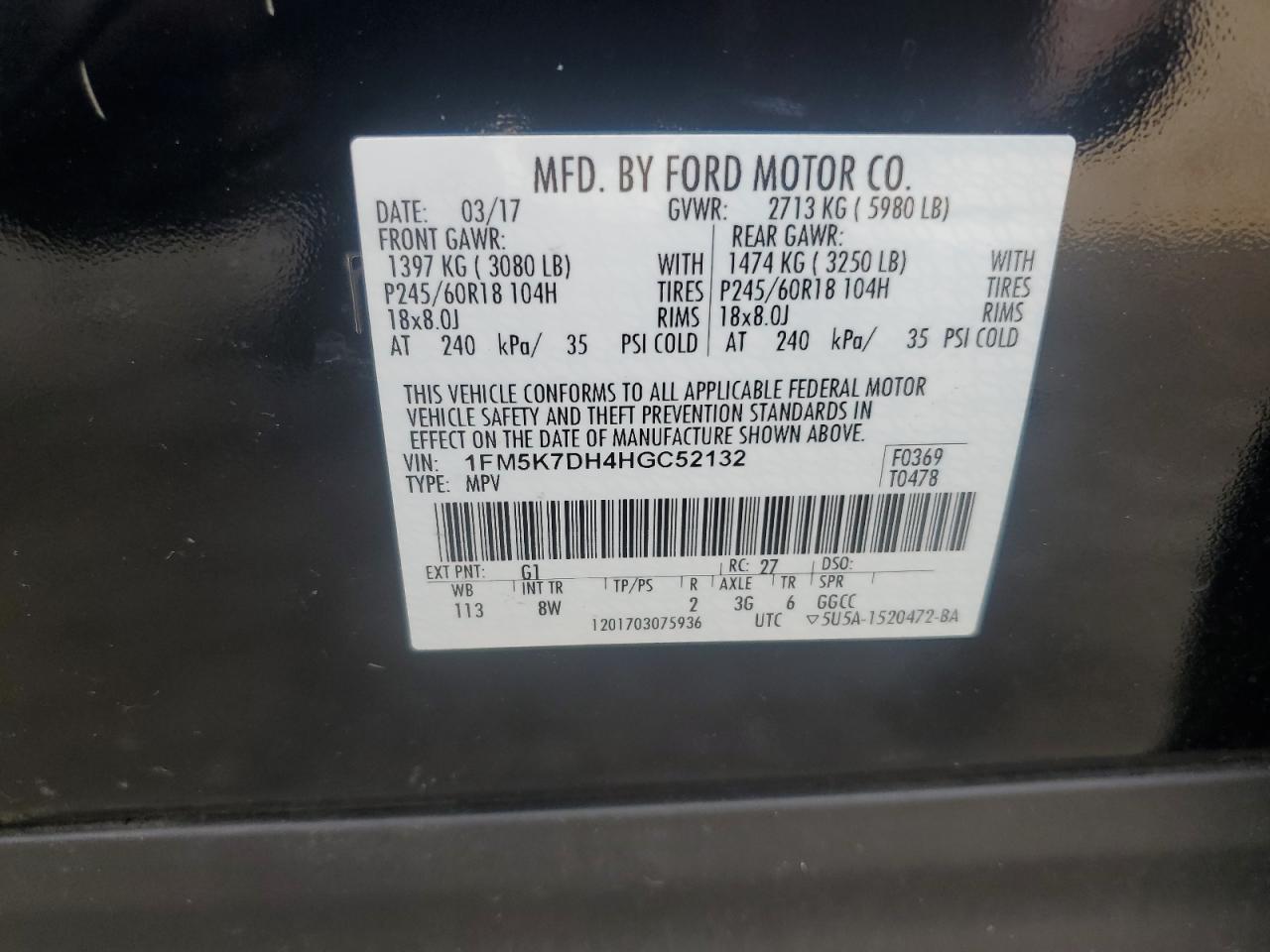 2017 Ford Explorer Xlt VIN: 1FM5K7DH4HGC52132 Lot: 62945965