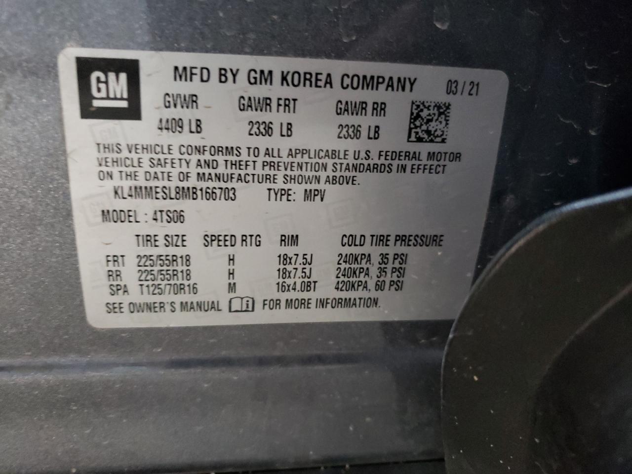 2021 Buick Encore Gx Select VIN: KL4MMESL8MB166703 Lot: 60506065